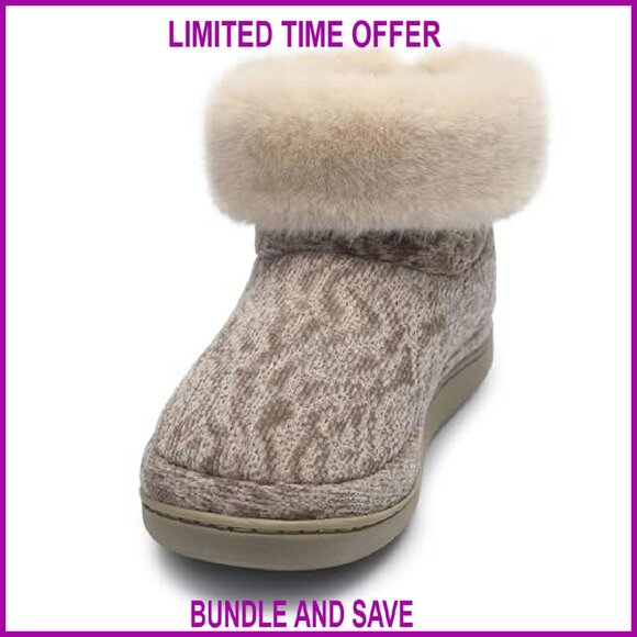 Women's Fuzzy Lined Knit Bootie Slippers Non-Slip Indoor Outdoor Shoes - Picture 4 of 8